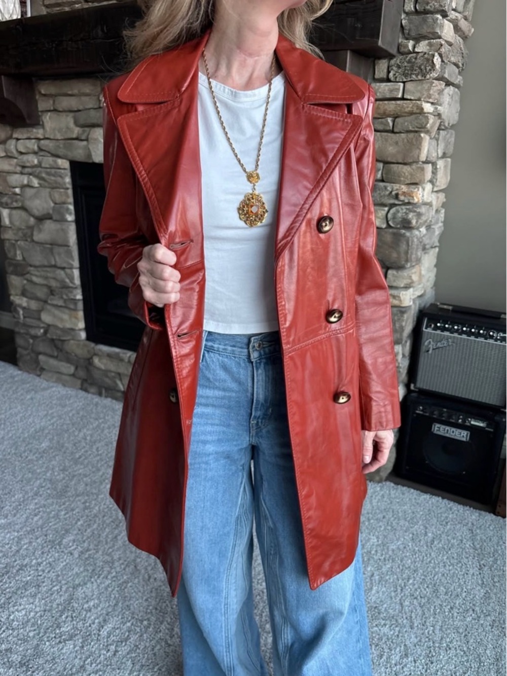 Vintage Women's Burnt Orange Leather Double-Breasted Trench Coat 1970’s
